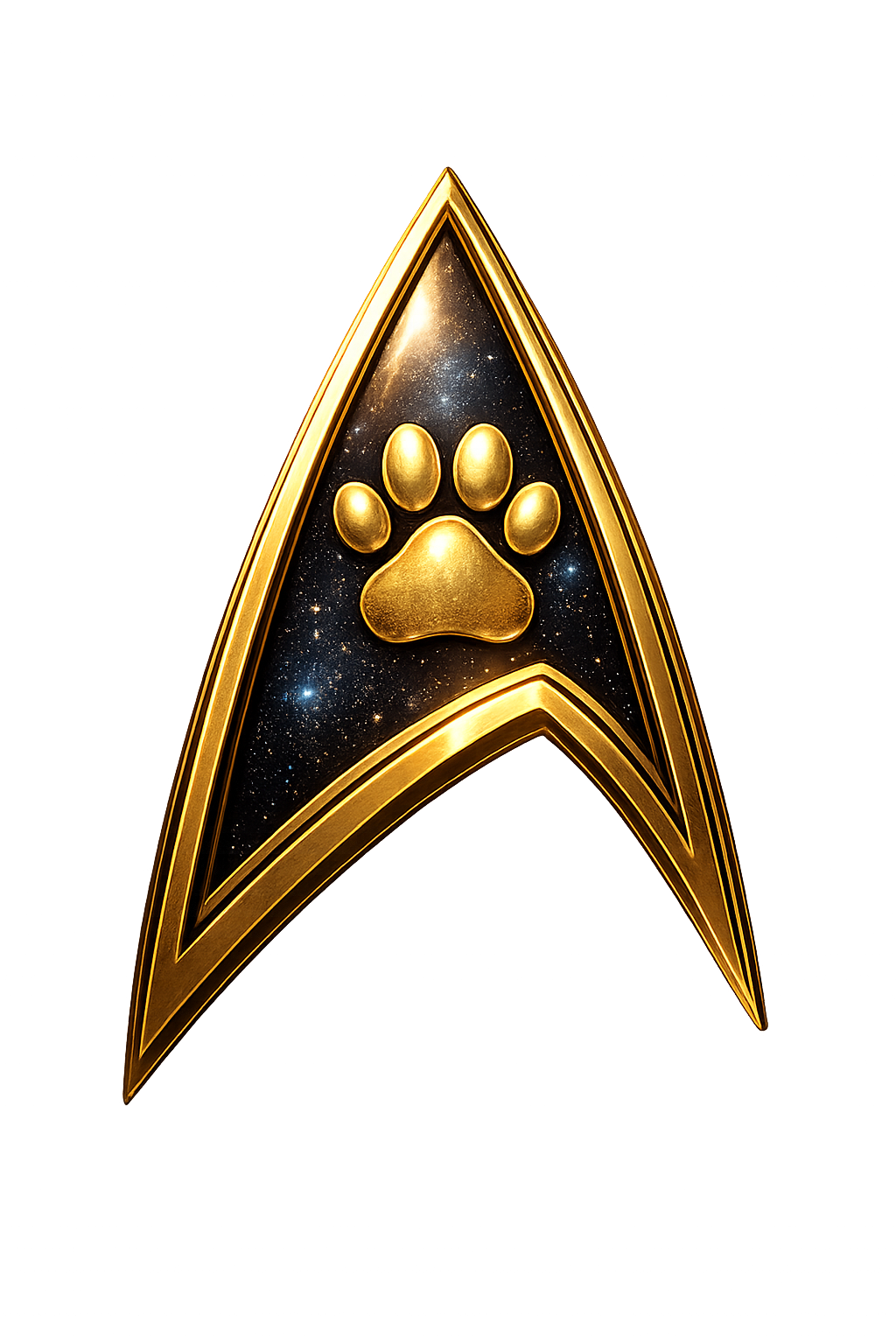 The image depicts a Star Trek-style badge featuring a paw print in the center.