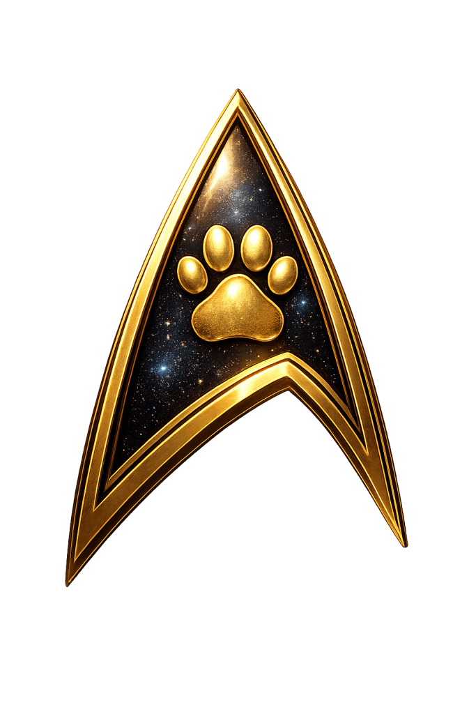 The image depicts a Star Trek-style badge featuring a paw print in the center.