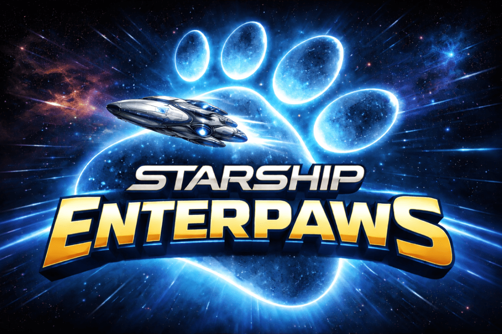 A promotional image for the video game Starship Enterpaws, featuring a spaceship and a paw print.