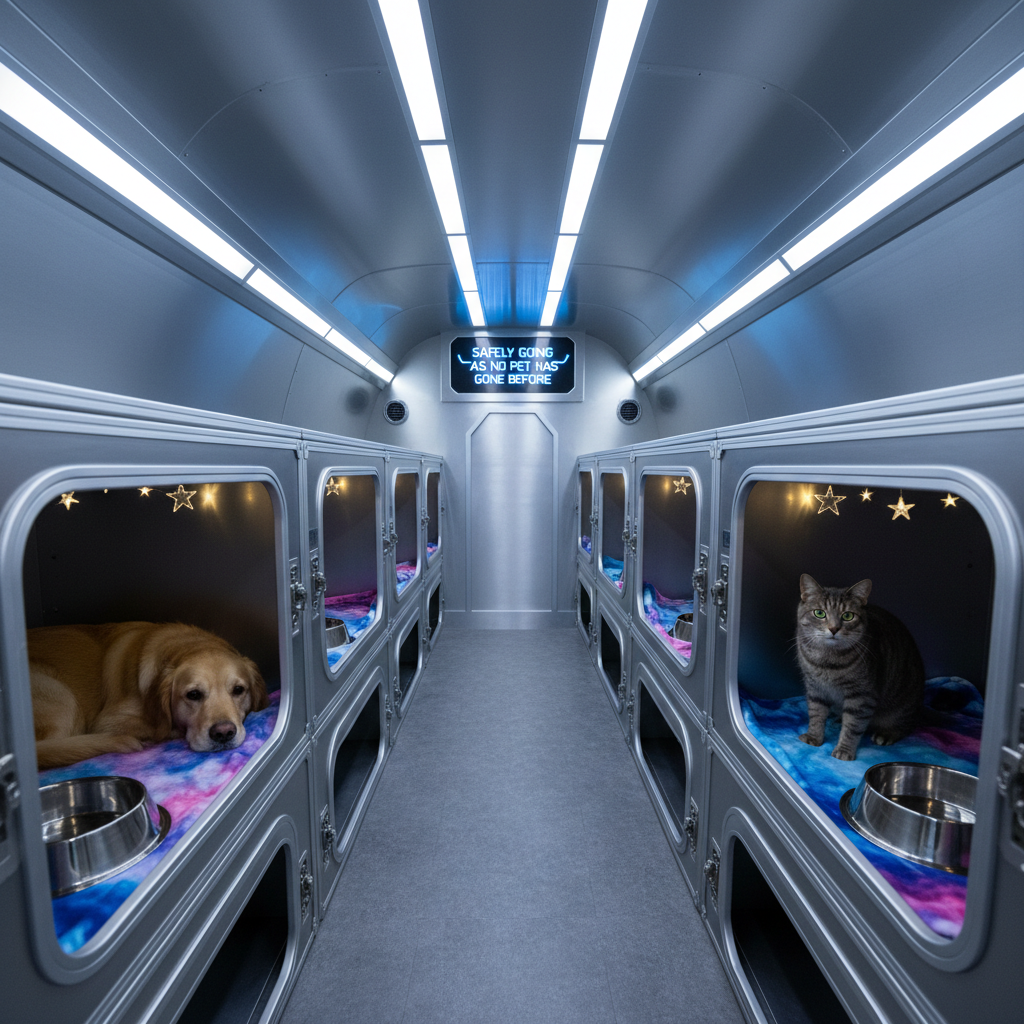 Inside a meticulously organized pet transport van, rows of secure, airline-style kennels are arranged like cozy starship cabins, each with soft nebula-print blankets, stainless steel water bowls, and small LED star lights. A calm golden retriever and a curious gray tabby cat rest comfortably in the foreground kennels, captured at eye level. The van interior is spotless, with brushed metal panels, soft blue ambient lighting along the ceiling, and a glowing “Safely going as no pet has gone before” display near the front. Overhead LED strips cast even, gentle illumination, minimizing harsh shadows. Photographic realism with a wide-angle composition, sharp detail throughout, emphasizing safety, professionalism, and a playful spacefaring theme.
