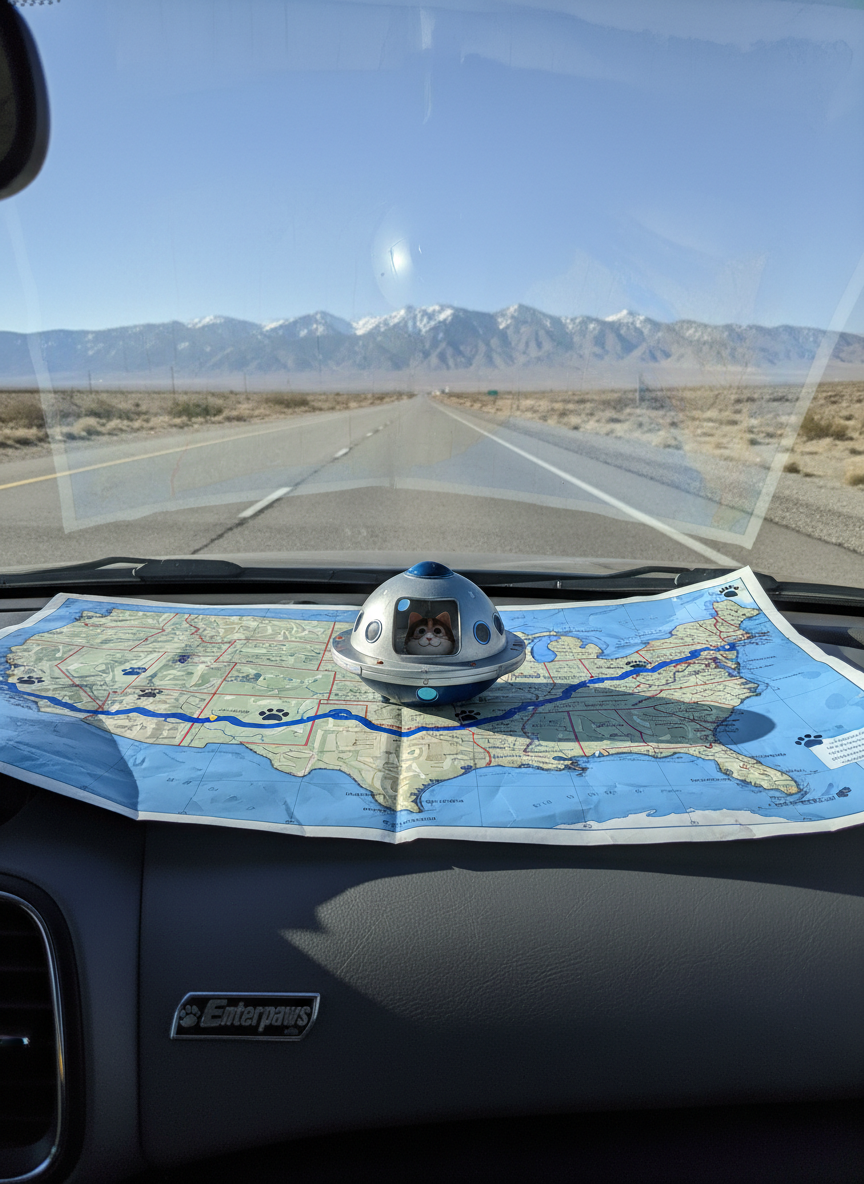 A panoramic, photographic view of a map of the United States spread across a smooth, dark dashboard, with a miniature starship-shaped pet carrier toy placed along a highlighted cross-country route drawn in bright blue. Small paw-print stickers mark major cities on the map. Through the windshield, a vast open highway stretches toward distant mountains under a clear midday sky. Sunlight pours in, casting crisp shadows of the toy and map folds, and reflecting subtly off a metallic Enterpaws logo badge near the steering wheel. Shot from the passenger seat perspective, moderate depth of field keeping both the foreground map and the distant road legible. The mood is adventurous yet reassuring, emphasizing long-distance routes and nationwide coverage.