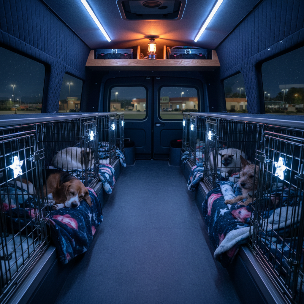 A cozy nighttime scene inside a parked transport van, with multiple kennels arranged in tidy rows, each softly illuminated by tiny star-shaped LED night-lights attached to the doors. A sleeping beagle, a curled-up Siamese cat, and a small terrier are visible in separate kennels, all nestled into thick, galaxy-print blankets. Outside the rear windows, a rest-stop parking lot and a starry sky are softly blurred. Cool blue interior lighting mixes with a gentle warm glow from a small, battery-powered lantern on a storage shelf, creating a calm, spaceship-like ambiance. Photographic realism, shot from a low, slightly wide angle that captures depth down the aisle of kennels, conveying serenity, safety, and attentive overnight care.