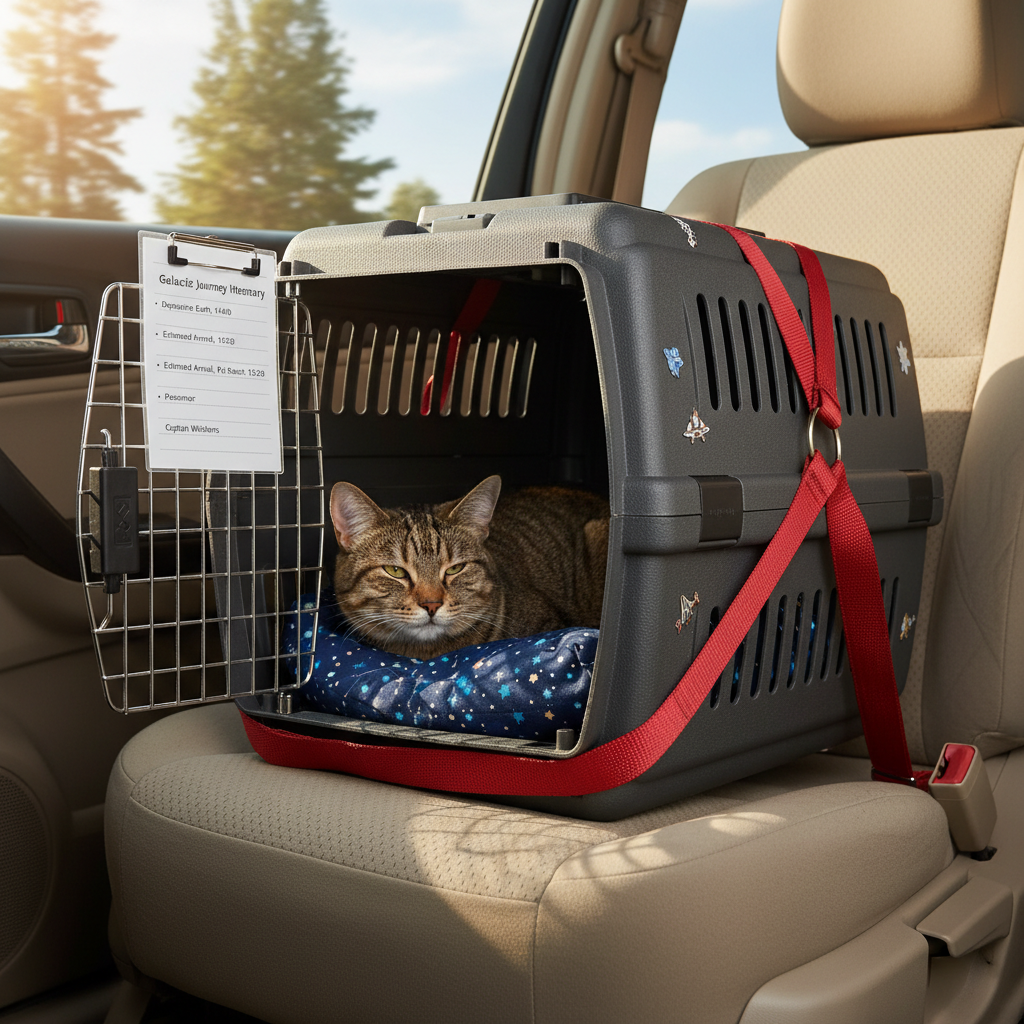 A detailed close-up of a sturdy pet travel crate buckled securely into a cushioned vehicle seat using a bright red safety harness, the crate door reinforced and slightly ajar to reveal a relaxed shorthair cat lounging inside on a starfield-patterned cushion. The crate has small decals of tiny starships and paw prints, and a laminated transport itinerary card clipped neatly to the front. Soft afternoon light streams through the car window, creating warm highlights on the crate’s textured plastic and gentle shadows on the fabric seat. The background is softly out of focus, suggesting a moving landscape of trees and sky. Photographic realism, shallow depth of field, intimate composition, conveying meticulous care and security.