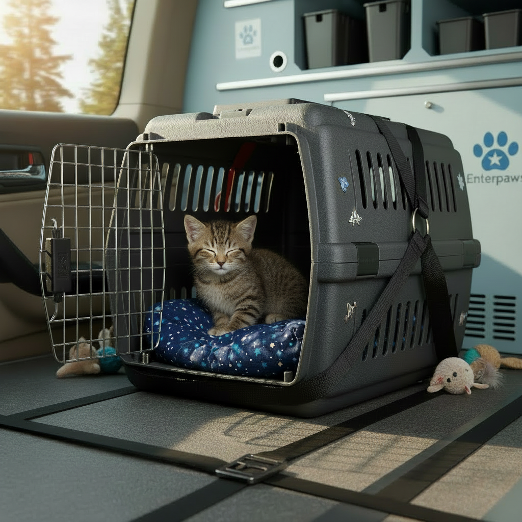 Edit this existing photo so the cat is a noticeably smaller kitten sitting comfortably inside the same extra-large crate that is securely strapped to the vehicle floor, with no seat visible. Keep the overall lighting, angle, and Enterpaws brand feel consistent.