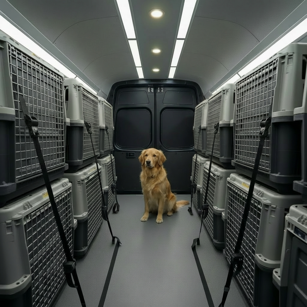 pet transport Inside a meticulously organized pet transport van, rows of secure, airline-style kennels are arranged like cozy starship cabins, each with soft nebula-print blankets, stainless steel water bowls, and small LED star lights. A calm golden retriever and a curious gray tabby cat rest comfortably in the foreground kennels, captured at eye level. The van interior is spotless, with brushed metal panels, soft blue ambient lighting along the ceiling, and a glowing “Safely going as no pet has gone before” display near the front. Overhead LED strips cast even, gentle illumination, minimizing harsh shadows. Photographic realism with a wide-angle composition, sharp detail throughout, emphasizing safety, professionalism, and a playful spacefaring theme.