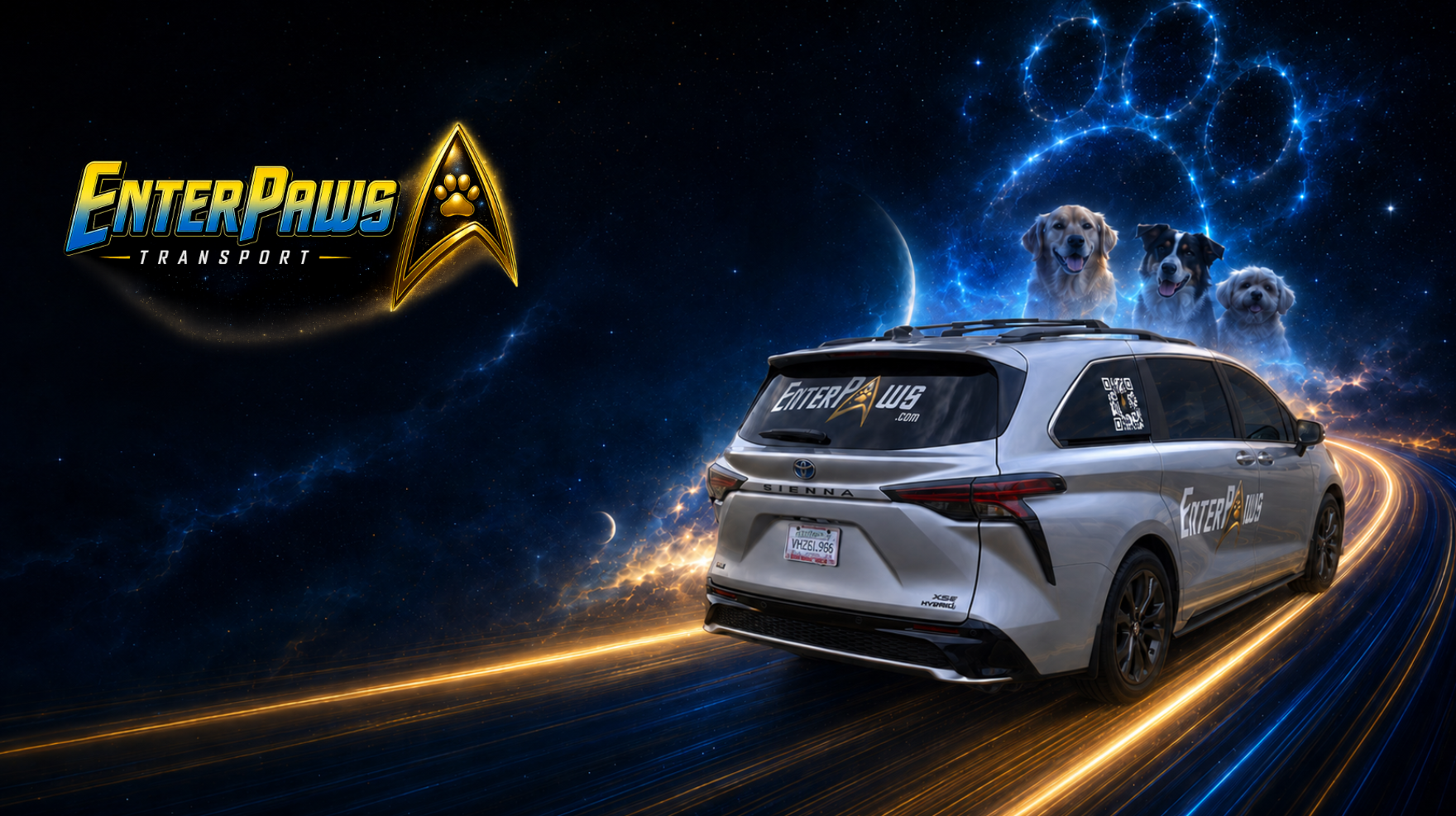 EnterPaws Transport van driving on a glowing light-speed space highway with the EnterPaws logo and constellation paw print of three happy dogs in the starry sky.